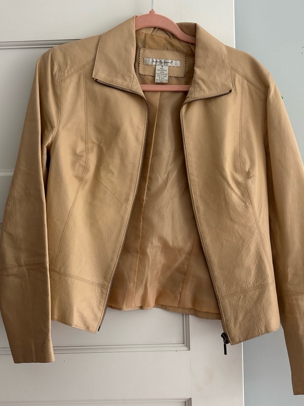 Beige Leather Zip Jacket by Banana Republic